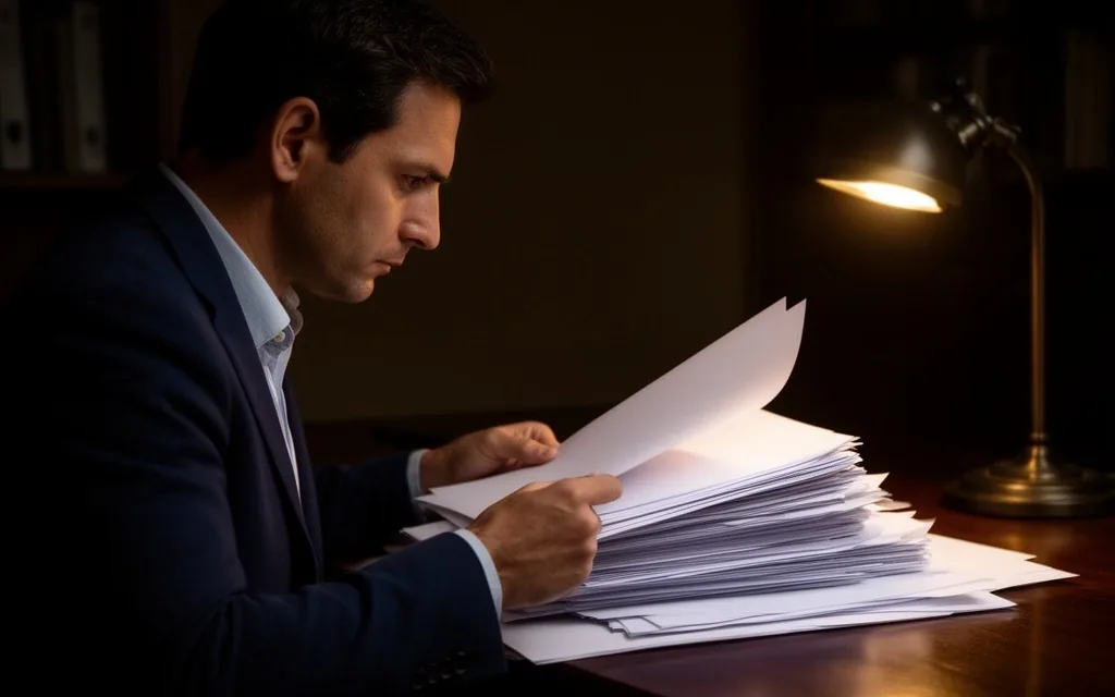 Emprendedor argentino revisando documentos en su escritorio