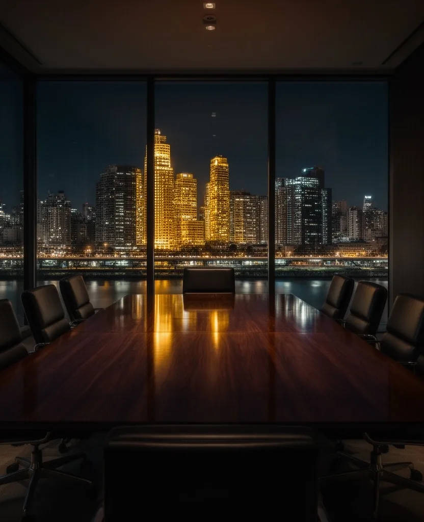 Sala de juntas ejecutiva nocturna con vista a la ciudad